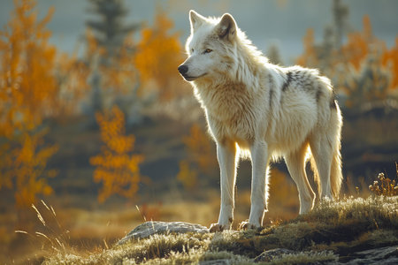 White wolf in the autumn forest at sunset. Beautiful nature background.