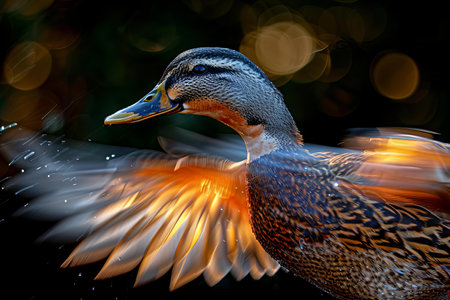Mallard duck flying with bokeh background, extreme closeupの写真素材