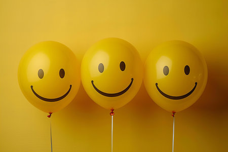 Funny yellow balloons with smiley faces on yellow background, closeup