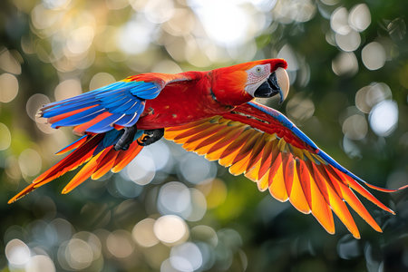 beautiful Scarlet macaw flying in the park,colorful macawsの写真素材