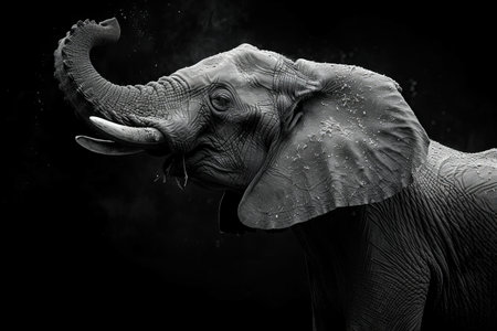 Elephant portrait in black and white, studio shot with water drops