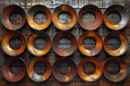 Rusty metal rings on a wooden wall background.の写真素材