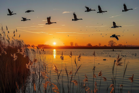 Sunset over a lake with birds flying in the sky and reeds