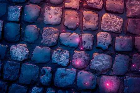 Cobblestone pavement at night. Abstract background. Toned.の写真素材