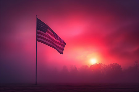 American flag on a foggy sunrise background. 3D Renderingの写真素材