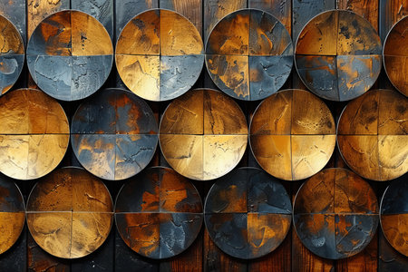 Wooden wall with round wooden plates of different sizes, abstract backgroundの写真素材