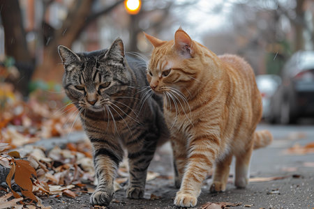 Two cats on the street in autumn. Two cats look at each other.の写真素材