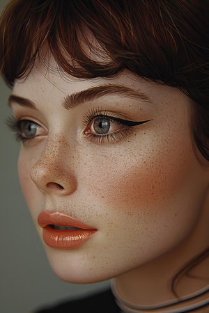 Close-up portrait of beautiful young woman with freckles on her face.の写真素材