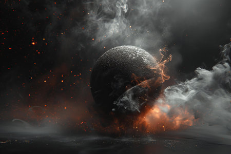 Black planet in fire with smoke on black background. 3d rendering