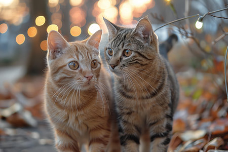 Two cats sitting on the street in the autumn evening with a beautiful bokeh
