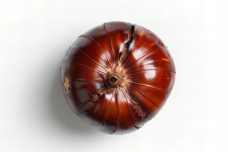 A close up shot of a whole brown onion on a white backgroundの写真素材