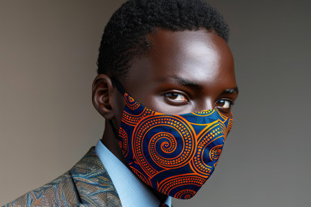 Portrait of a young African American man wearing a colorful face maskの写真素材