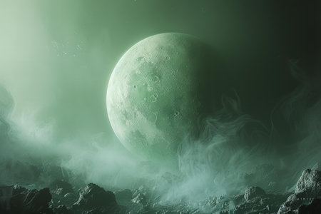 3D illustration of a green moon in the night skyの写真素材