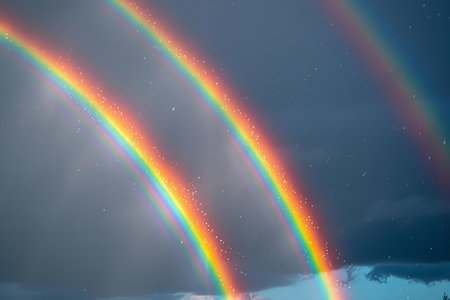 Rainbow in the night sky with clouds and rays of light.の写真素材