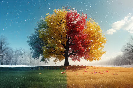 Autumn landscape with big tree and falling snow. 3d renderingの写真素材