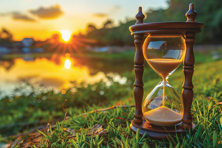 Hourglass on green grass with sunset background. Concept of time passing.