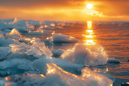 Ice hummocks on the shore of Lake Baikal at sunsetの写真素材