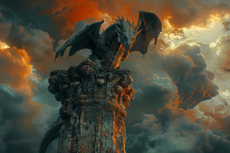 3D rendering of a fantasy landscape with a dragon and a columnの写真素材