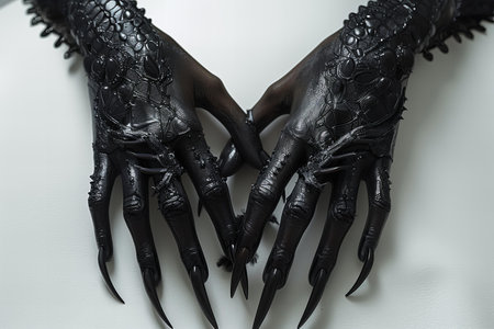 Hands of a mannequin in black latex gloves on a white backgroundの写真素材