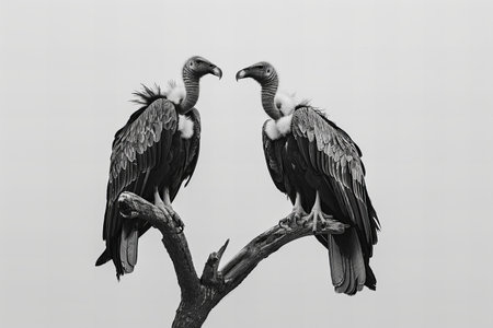 Vultures sitting on a branch. Black and white photo.の写真素材