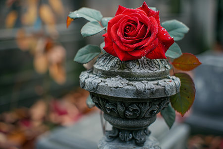 Red rose on a stone lantern in the cemetery. Selective focus.の写真素材