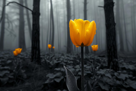 Tulip flower in the dark forest with foggy background.の写真素材