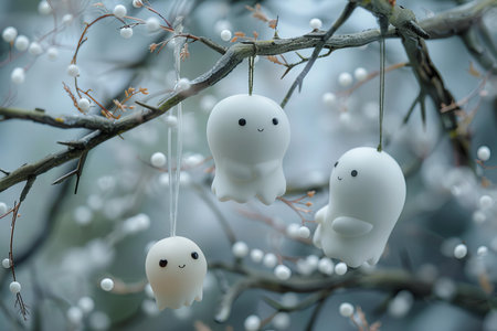 White ghost hanging on a branch with white pearls and snowflakesの写真素材