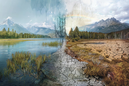 Landscape with lake and mountains in the background. Collage.の写真素材
