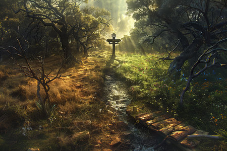 Cross in the middle of the forest, 3d digitally rendered illustrationの写真素材