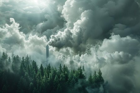 Fantastic foggy forest with big chimney in the middle