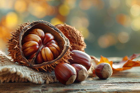 Hazelnuts on wooden table with autumn leaves and bokeh backgroundの写真素材