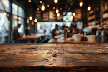 Empty wooden table and Coffee shop blur background with bokeh image.の写真素材