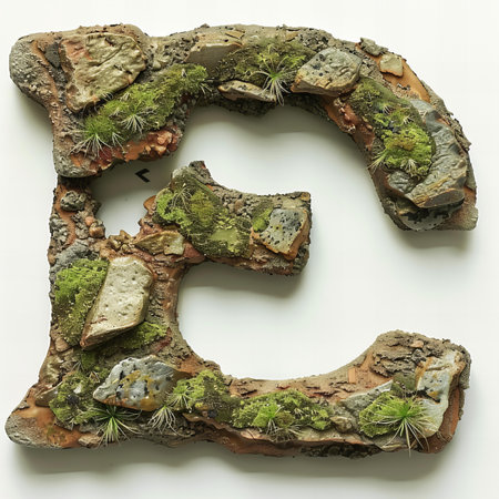Font letter E filled with moss and lichen. 3d rendering