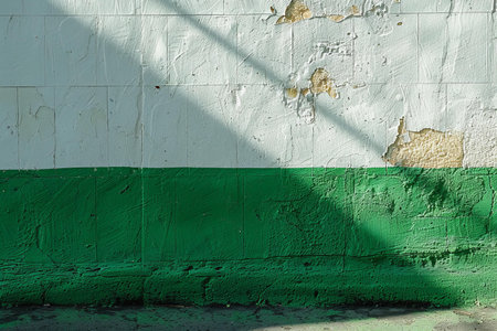 Green and white painted wall with shadow on it. Abstract background.の写真素材