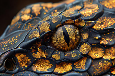 Close up of the eye of a black snake. Macro image.