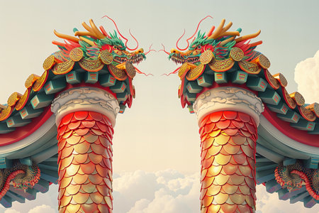 Chinese style dragon statues on the roof of Chinese temple. 3d renderingの写真素材