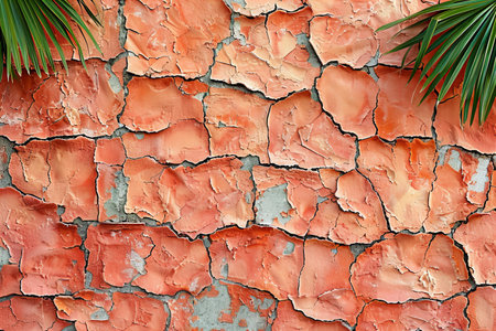 Cracked paint on the wall with palm leaves. Abstract background.の写真素材