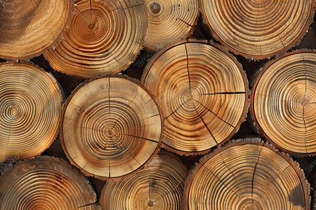 Wooden logs stacked in a pile as a background, top view