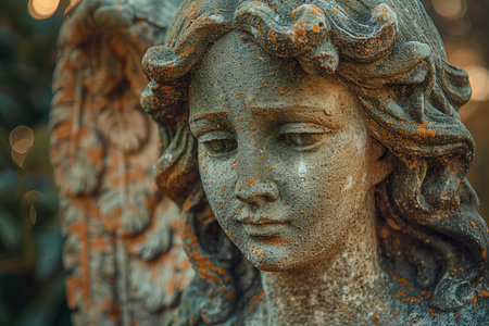 Close up of an old statue of an angel in the cemetery.の写真素材