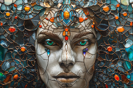 Mosaic face of a woman with green eyes close up.の写真素材