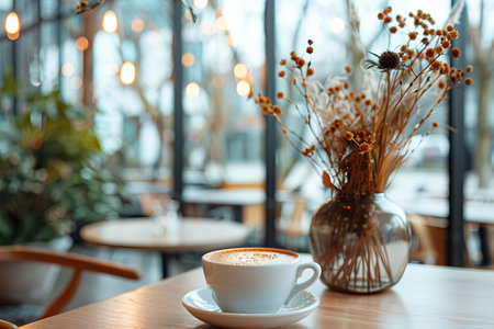 Coffee cup on wooden table in coffee shop, stock photoの写真素材