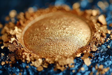 Gold glitter eye shadow on a blue background. Close-up.の写真素材