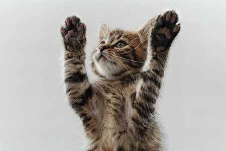 Cute tabby kitten playing on white background. Studio shot.
