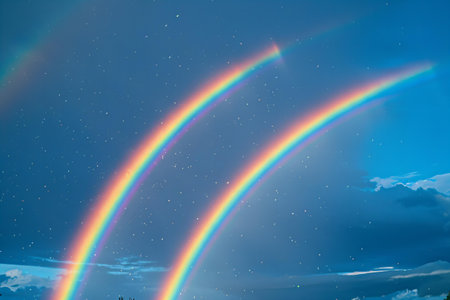 rainbow on blue sky background, nature rainbows in the skyの写真素材
