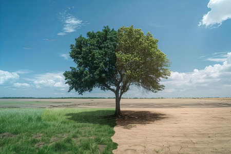Tree in the field with blue sky background. 3d rendering.の写真素材