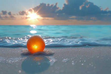3d render of orange ball on the beach with sunrise and seaの写真素材