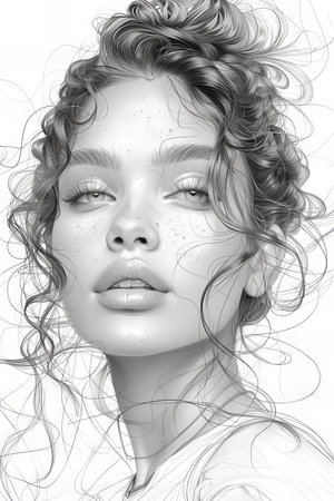 Digital illustration of a woman's face in black and white with curly hairの写真素材