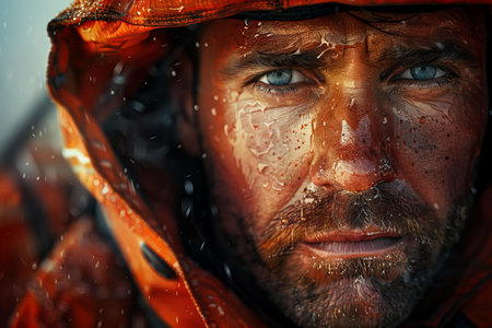 Close-up portrait of a brutal man with a beard in a raincoat.