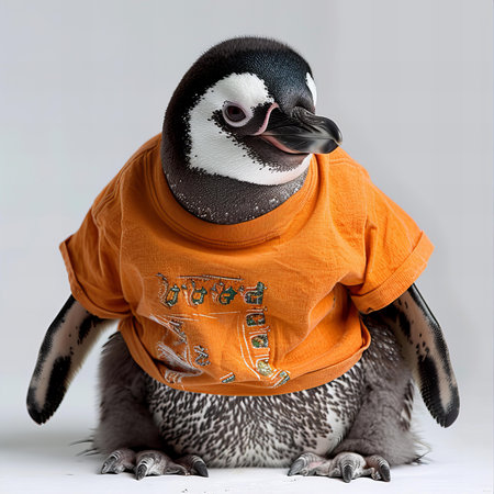 Penguin in an orange t-shirt on a white backgroundの写真素材