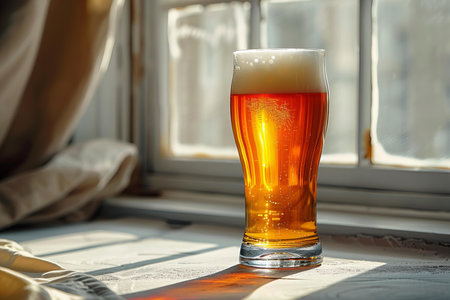 Glass of beer on window sill in sunlight, closeup. Space for textの写真素材